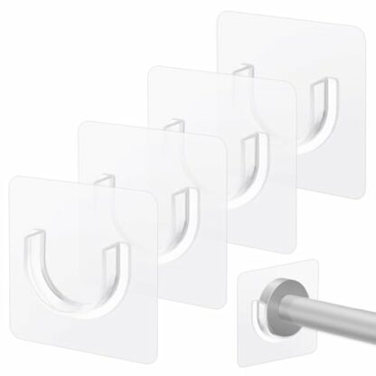 Qianyu 4 Pcs No Drill Shower Rod Brackets Plastic Self Adhesive Clear Curtain Rod Holders Hooks Nail Free Adjustable Curtain Hangers Transparent Wall Mount Holder for Shower Curtain Rod Invisible - Image 2