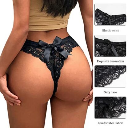 ROSVAJFY Women’s Sexy Lace Panties Bowknot Thongs Ladies Underwear Cheeky Tanga Low Rise Floral Lace Knicker See Through Hipster Bikini Briefs G-String 4 ROSVAJFY Women’s Sexy Lace Panties Bowknot Thongs Ladies Underwear Cheeky Tanga Low Rise Floral Lace Knicker See Through Hipster Bikini Briefs G-String - Image 4