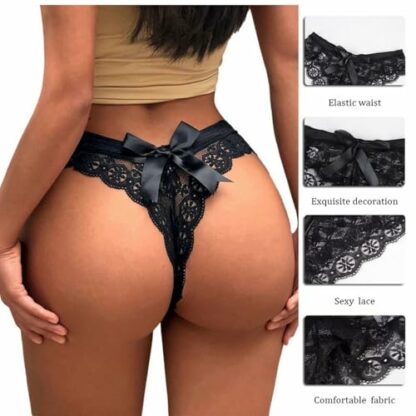 ROSVAJFY Women's Sexy Sheer Lace Thongs Soft Panties Bowknot,Ladies Transparent Low Waist G-String Cheeky Underwear Stretchy Knickers,See Through Floral Lace Tangas,Breathable Hipster Bikini Briefs - Image 4