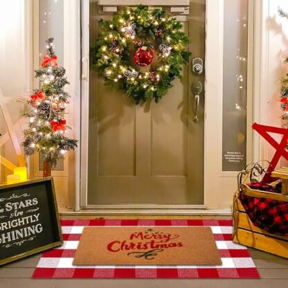 Red and White Plaid Rug, Christmas Outdoor Front Door Decor Mat, Cotton Washable Hand-Woven Rug for Layered Doormat, New Year Christmas Carpet for Porch, Entryway (Red & White Plaid, 43" L x 28" W) - Image 3