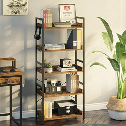 Rolanstar Bookshelf Industrial Wood Bookcase, Vintage Storage Rack with Open Shelves, Rustic Standing Bookshelves Metal Frame Display Rack for Living Room, Bedroom - Image 3