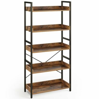Rolanstar Bookshelf Industrial Wood Bookcase, Vintage Storage Rack with Open Shelves, Rustic Standing Bookshelves Metal Frame Display Rack for Living Room, Bedroom - Image 2