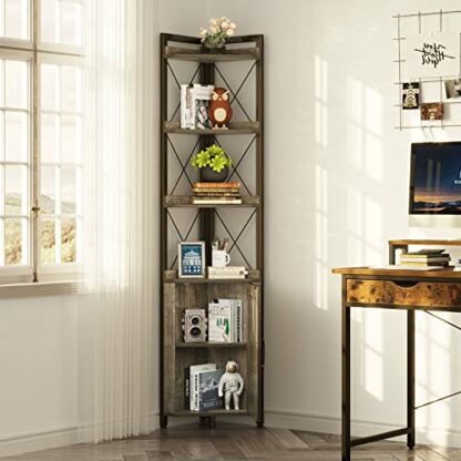 Rolanstar Corner Shelf with Doors, Corner Cabinet with Shelves, 6 Tier Corner Bookshelf, Freestanding Corner Storage Stand for Bathroom, Kitchen, Living Room, Grey - Image 3