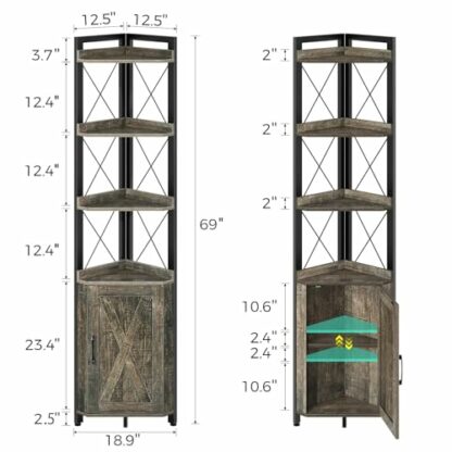 Rolanstar Corner Shelf with Doors, Corner Cabinet with Shelves, 6 Tier Corner Bookshelf, Freestanding Corner Storage Stand for Bathroom, Kitchen, Living Room, Grey - Image 4