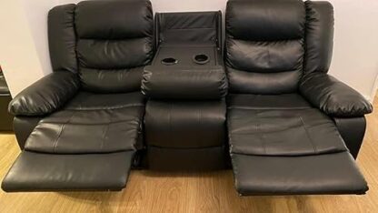 Roma Leather Recliner Sofa with Cupholders - 3 Seater Sofa - Black (3 Seater) - Image 3