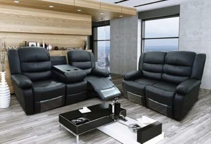 Roma Leather Recliner Sofa with Cupholders - 3+2 Seater Sofa - Black (3+2 Seater) (107) - Image 3