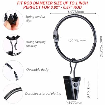 Roonoo 36 Pack Openable Metal Curtain Rings with Clips, Fits Up to 1 Inch Rod, Heavy Duty Rustproof Decorative Vintage Drapery Rings Curtain Hooks Clips Rod Hangers, Black - Image 3