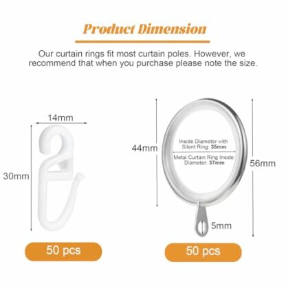Roxanex 50PCS Metal Curtain Rings and Hooks, Silent Curtain Pole Rings, Hanging Rings for Curtain Poles Shower Curtains Rods Drapery - Image 3