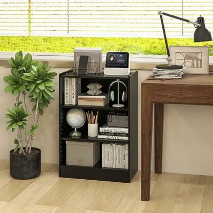 SFAREST Wooden Bookcase, 3-Tier Compact Storage Bookshelf with 18-Positions Adjustable Shelves & Anti-toppling Device, Display Stand Shelving Unit for Office Bedroom Living Room - Image 3