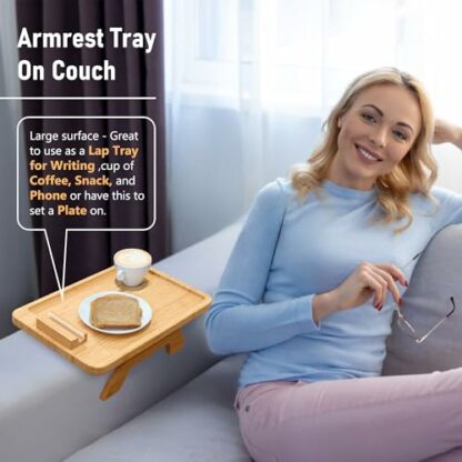 SINWANT Bamboo Sofa Tray Table Clip on Side Table for Wide Couches Arm, Foldable Couch Tray with 360° Rotating Phone Holder, Armrest Table for Eating/Drinks/Snacks/Remote/Control 3 SINWANT Bamboo Sofa Tray Table Clip on Side Table for Wide Couches Arm, Foldable Couch Tray with 360° Rotating Phone Holder, Armrest Table for Eating/Drinks/Snacks/Remote/Control - Image 3