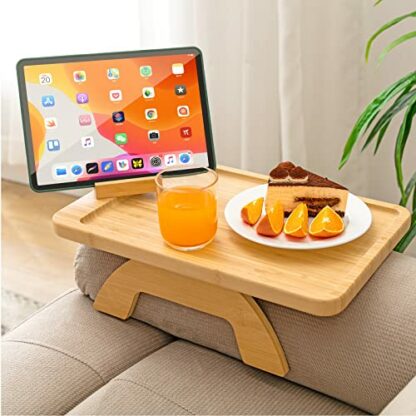 SINWANT Bamboo Sofa Tray Table Clip on Side Table for Wide Couches Arm, Foldable Couch Tray with 360° Rotating Phone Holder, Armrest Table for Eating/Drinks/Snacks/Remote/Control 2 SINWANT Bamboo Sofa Tray Table Clip on Side Table for Wide Couches Arm, Foldable Couch Tray with 360° Rotating Phone Holder, Armrest Table for Eating/Drinks/Snacks/Remote/Control - Image 2