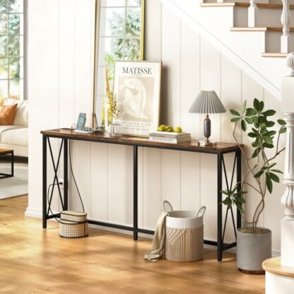 SUPERJARE Console Table with 2 Outlet and 2 USB Ports, Entryway Table with Metal Frame, Narrow Sofa Table for Living Room and Hallway - Rustic Brown 3 SUPERJARE Console Table with 2 Outlet and 2 USB Ports, Entryway Table with Metal Frame, Narrow Sofa Table for Living Room and Hallway - Rustic Brown - Image 3