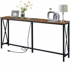 SUPERJARE Console Table with 2 Outlet and 2 USB Ports, Entryway Table with Metal Frame, Narrow Sofa Table for Living Room and Hallway - Rustic Brown