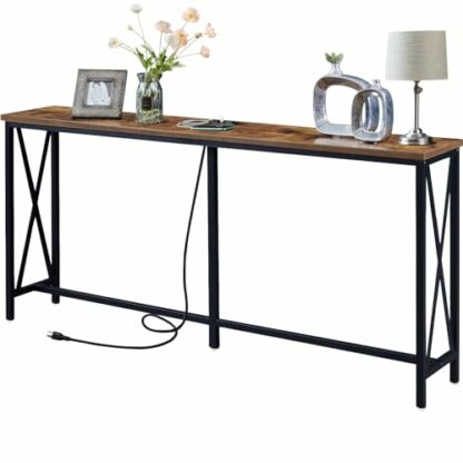 SUPERJARE Console Table with 2 Outlet and 2 USB Ports, Entryway Table with Metal Frame, Narrow Sofa Table for Living Room and Hallway - Rustic Brown 2 SUPERJARE Console Table with 2 Outlet and 2 USB Ports, Entryway Table with Metal Frame, Narrow Sofa Table for Living Room and Hallway - Rustic Brown - Image 2