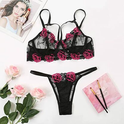 Satohom Women’s Sexy Rose Embroidered Lingerie Sets 2 PCS Mesh Floral Underwire Bra with String See Through Adjustable Straps Underwear V-Neck Push Up Nightwear Naughty Teddy Babydoll, S-XL - Image 4