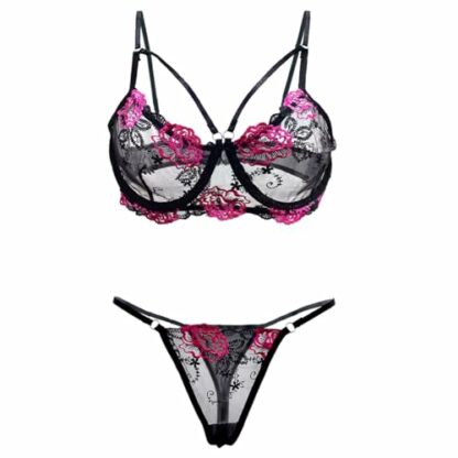 Satohom Women’s Sexy Rose Embroidered Lingerie Sets 2 PCS Mesh Floral Underwire Bra with String See Through Adjustable Straps Underwear V-Neck Push Up Nightwear Naughty Teddy Babydoll, S-XL - Image 2