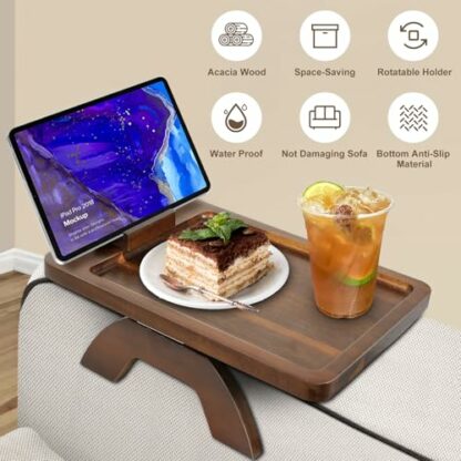 Sofa Arm Tray Table with Rotating Mobile Holder, Foldable Wooden Couch Arm Clip Table for Drinks, Snack, Remote and Laptop - Image 3