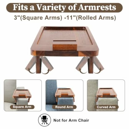 Sofa Arm Tray Table with Rotating Mobile Holder, Foldable Wooden Couch Arm Clip Table for Drinks, Snack, Remote and Laptop - Image 4