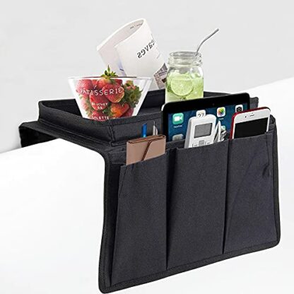 Sofa Candy Organizer with Tray Sofa Armrest Organizer with Cup Holder Couch Armchair TV Remote Caddy Sofa Storage Bag for Phone Tablet Book Magazines DVD Eyeglasses Drinker Snacks Holder Pouch Pocket - Image 2