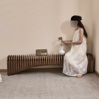 Solid Pine Entryway TV Cabinet Bench Creative Accordion Design Suitable for Kitchen Hotel Living Room Wooden Dining Bench with Storage Compartment Light Walnut Finish - Image 4