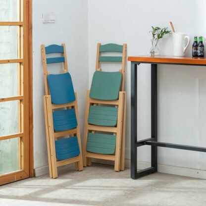 Solid Wood Folding Chair Home Three step Ladder Indoor Modern Minimalist High Stool (Blue) Multi function Foldable Step Stool 3 Solid Wood Folding Chair Home Three step Ladder Indoor Modern Minimalist High Stool (Blue) Multi function Foldable Step Stool - Image 3
