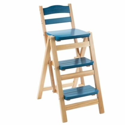 Solid Wood Folding Chair Home Three step Ladder Indoor Modern Minimalist High Stool (Blue) Multi function Foldable Step Stool 2 Solid Wood Folding Chair Home Three step Ladder Indoor Modern Minimalist High Stool (Blue) Multi function Foldable Step Stool - Image 2