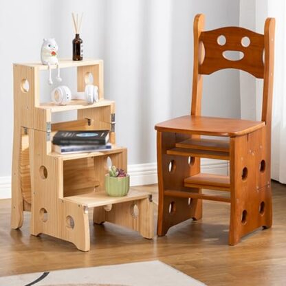 Solid Wood Folding Ladder Chair Dual purpose Staircase Multi function (Brown) 3 Solid Wood Folding Ladder Chair Dual purpose Staircase Multi function (Brown) - Image 3