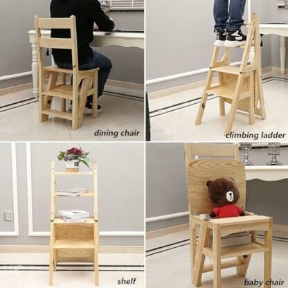 Solid Wood Folding Staircase Chair Multi functional Indoor Climbing Ladder Dual use Stool Brown - Image 4