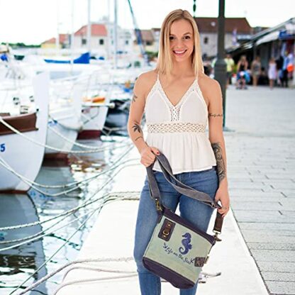 Sunsa Women's Maritime Shoulder Bag Canvas & Leather Crossover Bag Small Vintage Style Bag as a Practical Gift Idea for Women/Girls Ladies Bags with Seahorse Print, jeans colour, 30x30x10 cm, Retro - Image 4