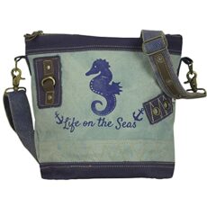 Sunsa Women's Maritime Shoulder Bag Canvas & Leather Crossover Bag Small Vintage Style Bag as a Practical Gift Idea for Women/Girls Ladies Bags with Seahorse Print, jeans colour, 30x30x10 cm, Retro