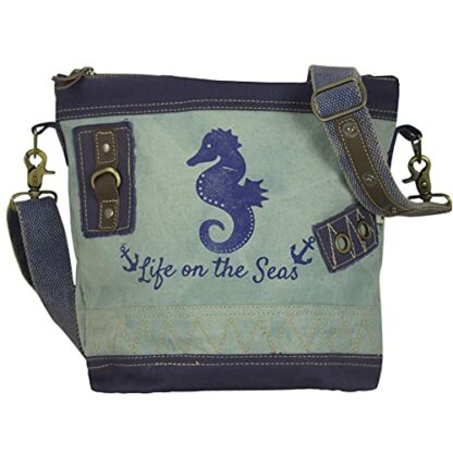 Sunsa Women's Maritime Shoulder Bag Canvas & Leather Crossover Bag Small Vintage Style Bag as a Practical Gift Idea for Women/Girls Ladies Bags with Seahorse Print, jeans colour, 30x30x10 cm, Retro - Image 2
