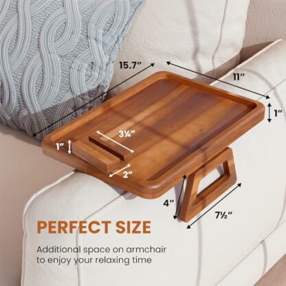 TINAMO Acacia Wood Sofa Armrest Tray - Large Sofa Arm Tray Table Clip - Couch Arm Table for Wide Couches - Wooden Side Tables for Small Spaces for Eating and Drink - Image 3