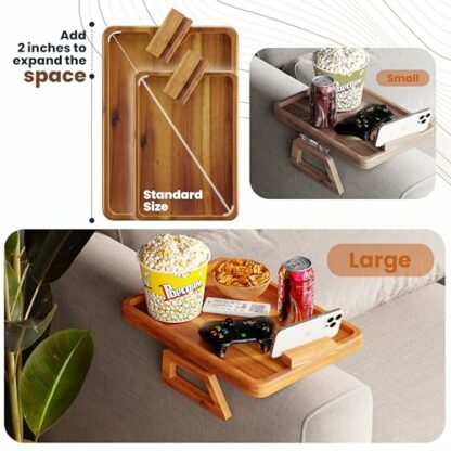 TINAMO Acacia Wood Sofa Armrest Tray - Large Sofa Arm Tray Table Clip - Couch Arm Table for Wide Couches - Wooden Side Tables for Small Spaces for Eating and Drink - Image 4
