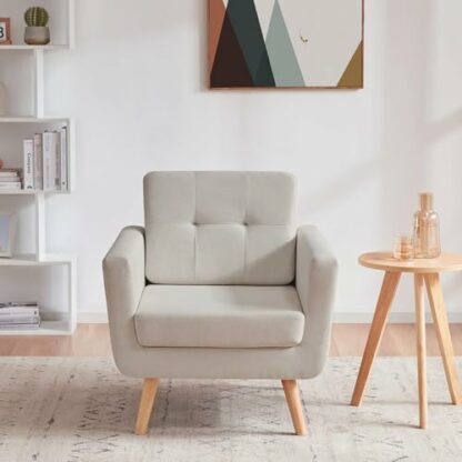 Tbfit Linen Fabric Accent Chairs, Mid Century Modern Armchair for Living Room, Bedroom Button Tufted Upholstered Comfy Reading Accent Chair Sofa(Beige) - Image 4