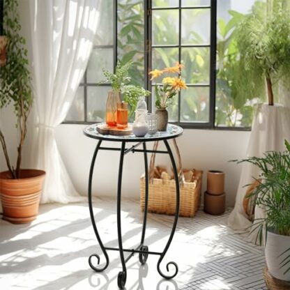 The Home Cult Outdoor Side Table, Round End Table, Unique Relief Ceramic Tile Table Top with Metal Structure, Small Indoor Accent Table, Coffee Tea Table Nightstand for Living Room, Bedroom 3 The Home Cult Outdoor Side Table, Round End Table, Unique Relief Ceramic Tile Table Top with Metal Structure, Small Indoor Accent Table, Coffee Tea Table Nightstand for Living Room, Bedroom - Image 3