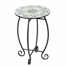 The Home Cult Outdoor Side Table, Round End Table, Unique Relief Ceramic Tile Table Top with Metal Structure, Small Indoor Accent Table, Coffee Tea Table Nightstand for Living Room, Bedroom