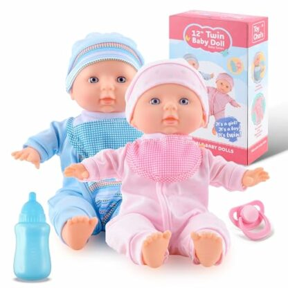 Toy Choi's Twin Baby Doll Set - 12" Soft Body Pink & Blue Baby Dolls with Rompers and Hat Pacifier and Doll Bibs, Preschool Toy Gift for Toddler and Kids 2 Toy Choi's Twin Baby Doll Set - 12" Soft Body Pink & Blue Baby Dolls with Rompers and Hat Pacifier and Doll Bibs, Preschool Toy Gift for Toddler and Kids - Image 2