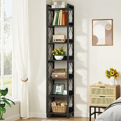 Tribesigns 78.7 Inch Extra Tall Narrow Bookshelf, 7 Tier Skinny Bookcase for Small Spaces, Freestanding Display Shelves, Multifunctional Corner Storage Organizer for Home Office, Rustic Brown 2 Tribesigns 78.7 Inch Extra Tall Narrow Bookshelf, 7 Tier Skinny Bookcase for Small Spaces, Freestanding Display Shelves, Multifunctional Corner Storage Organizer for Home Office, Rustic Brown - Image 2
