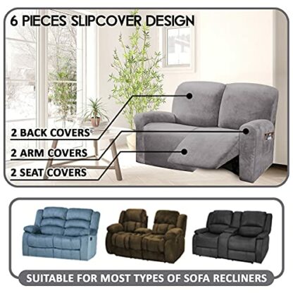 ULTICOR Reclining Love Seat Slipcover, 48" - 65" L, 6-Piece Velvet Stretch Loveseat Reclining Sofa Covers, 2 seat Love seat Recliner Cover, Thick, Soft, Washable (Light Grey) - Image 3