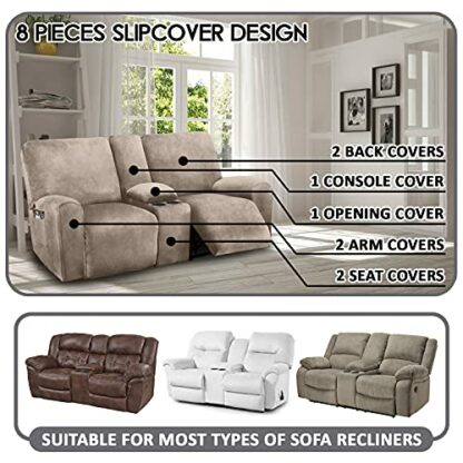 ULTICOR Reclining Love Seat with Middle Console Slipcover, 8-Piece Velvet Stretch Loveseat Reclining Sofa Covers, 2 seat Love seat Recliner Cover, Thick, Soft, Washable, Love seat Slipcovers (Taupe) - Image 3