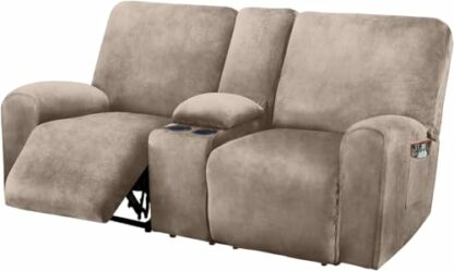 ULTICOR Reclining Love Seat with Middle Console Slipcover, 8-Piece Velvet Stretch Loveseat Reclining Sofa Covers, 2 seat Love seat Recliner Cover, Thick, Soft, Washable, Love seat Slipcovers (Taupe) - Image 2