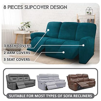 ULTICOR Velvet 8-Pieces Recliner Sofa Covers Stretch Reclining Couch Covers for 3 Cushion Reclining Sofa Slipcovers Furniture Covers Thick Soft Washable (3 Seater Recliner Cover, Deep Teal) - Image 3