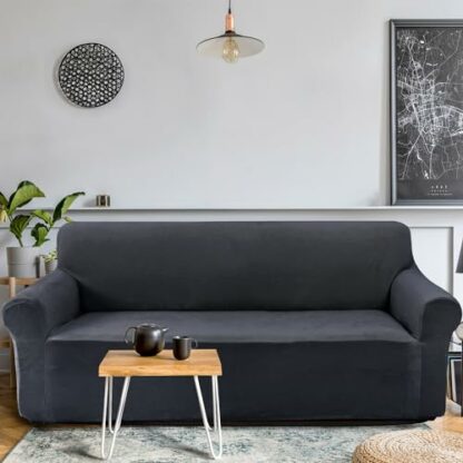 UNICE HOME Stretch Sofa Covers for 3 Cushion Couch, Elastic Furniture Cover 1-Piece Plush Velvet 3 Seats Sofa Slipcover (Sofa,Dark Grey) - Image 3