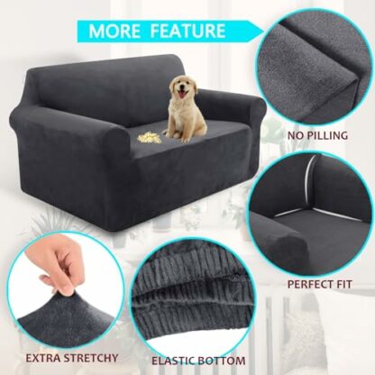 UNICE HOME Stretch Sofa Covers for 3 Cushion Couch, Elastic Furniture Cover 1-Piece Plush Velvet 3 Seats Sofa Slipcover (Sofa,Dark Grey) - Image 4