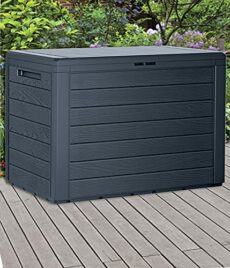 URBNLIVING Anthracite 190L Wood Design Outdoor Storage Box Garden Patio Plastic Chest Lid