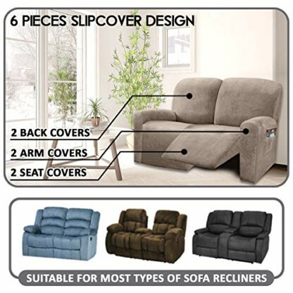 Ultimate Decor Reclining Love Seat Slipcover, 6-Piece Velvet Stretch Loveseat Reclining Sofa Covers, 2 seat Love seat Recliner Cover, Thick, Soft, Washable, Love seat Slipcovers (Taupe) - Image 3