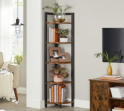 VASAGLE 5 Tier Corner Bookcase Corner Bookcase Multipurpose Plant Rack Storage Unit for Living Room Bedroom Office Industrial Style Rustic Brown and Black LLS803B01 - Image 3