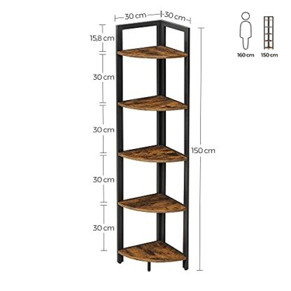 VASAGLE 5 Tier Corner Bookcase Corner Bookcase Multipurpose Plant Rack Storage Unit for Living Room Bedroom Office Industrial Style Rustic Brown and Black LLS803B01 - Image 4