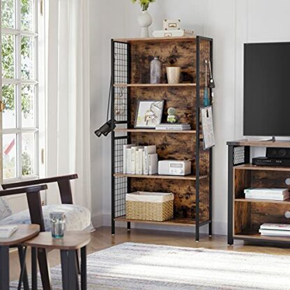 VASAGLE Bookcase, Office Storage Shelf, 4 Tiers for Books, Decorations, Stable Steel Frame, S-Shaped Hooks for Hanging, Living Room, Studio, Bedroom, Rustic Brown and Black LBC023B01 3 VASAGLE Bookcase, Office Storage Shelf, 4 Tiers for Books, Decorations, Stable Steel Frame, S-Shaped Hooks for Hanging, Living Room, Studio, Bedroom, Rustic Brown and Black LBC023B01 - Image 3