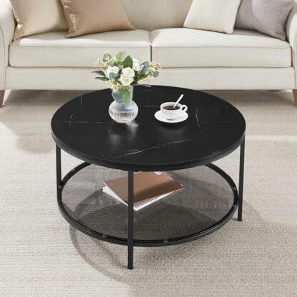 VASAGLE Coffee Table, Living Room Table, Sofa Cocktail Table Faux Marble Round, Tempered Glass Storage Shelf, Easy to Assemble, Modern Style, for Living Room - Image 3